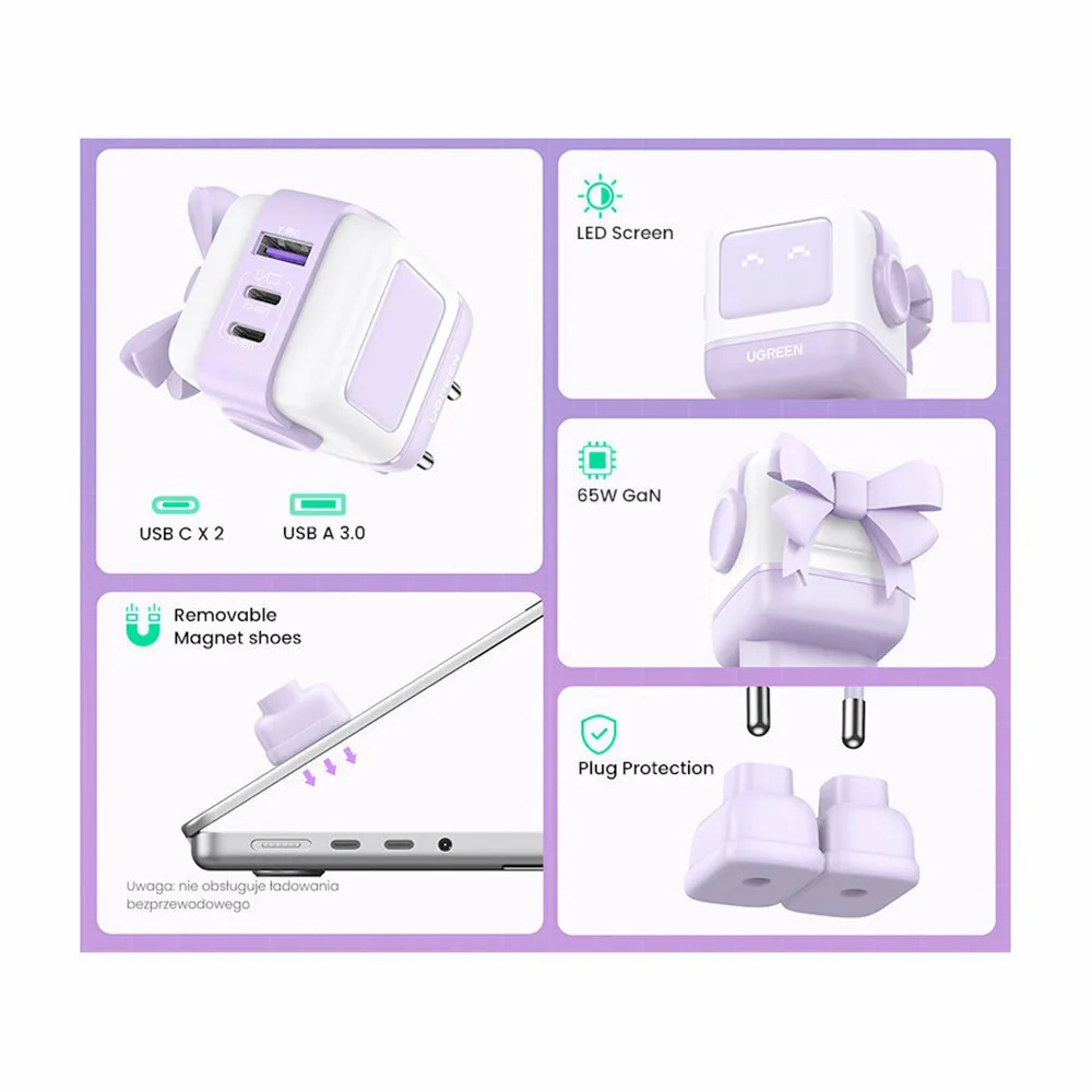 Enerji toplama cihazı UGREEN Uno RG 65W 3-Port GaN Fast Charger EU