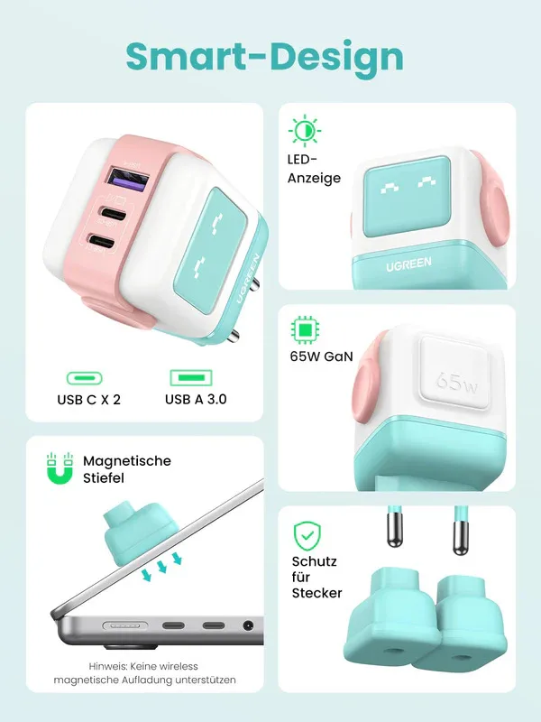 Enerji toplama cihazı UGREEN Uno RG 65W 3-Port GaN Fast Charger Pink Blue EU