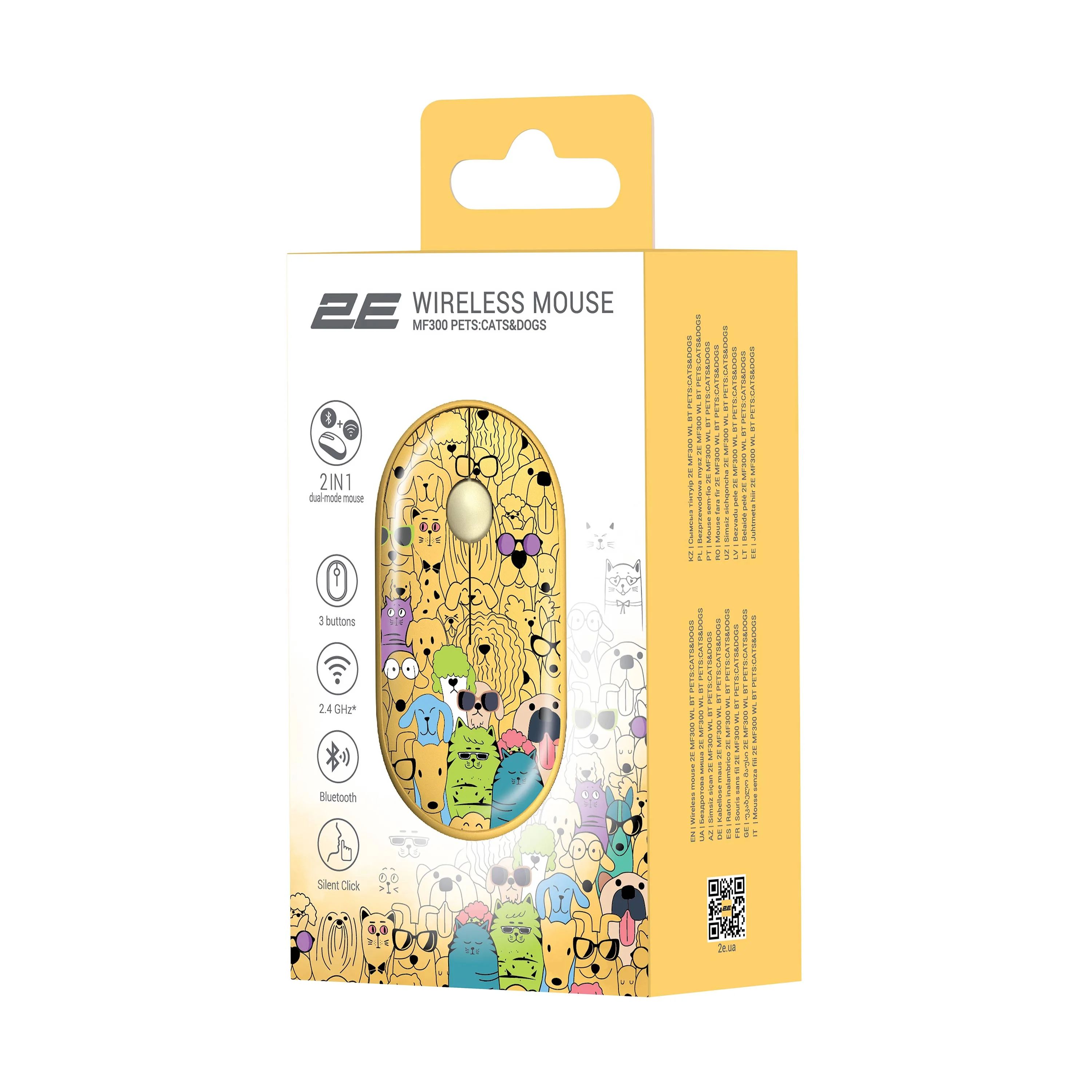 Мышки 2E MF300 Pets Cats&Dogs Silent WL BT Желтый