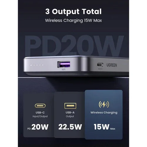 Внешний аккумулятор UGREEN 10000 мАч, магнитный, беспроводной, цвет серый
