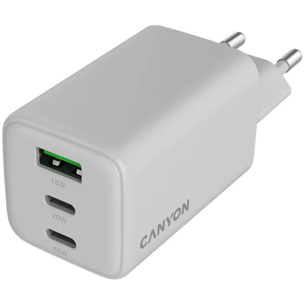 Adapter Başlığı Canyon CU65ACC GaN 65W 2xPD 1xQC EU White