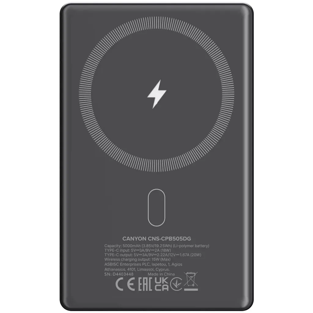 Power Bank Canyon OnPower 505 slim Magnetic 5000 mAh PD20W Dark Grey