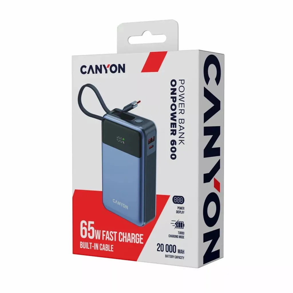 Внешний аккумулятор Canyon OnPower 600 со встроенным кабелем 20000 мАч PD65W темно-серый