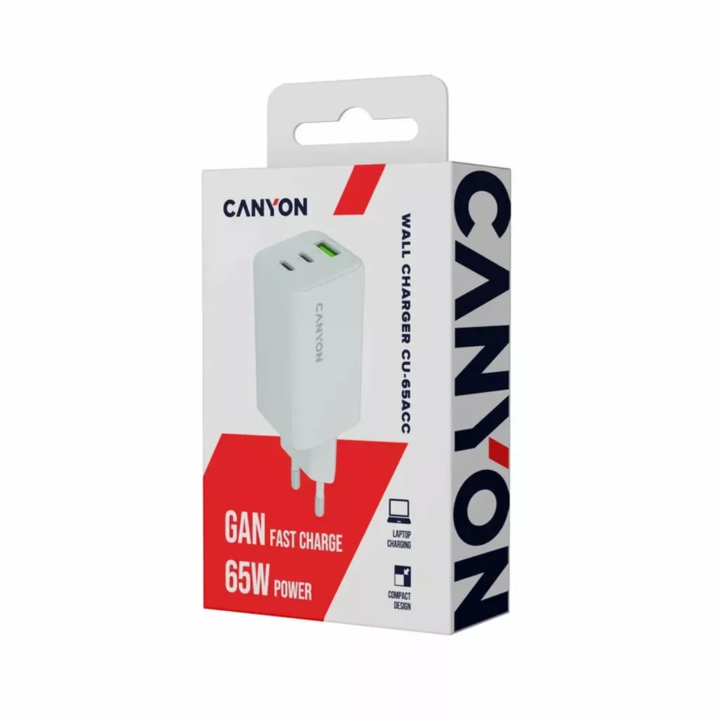 Adapter Başlığı Canyon CU65ACC GaN 65W 2xPD 1xQC EU White